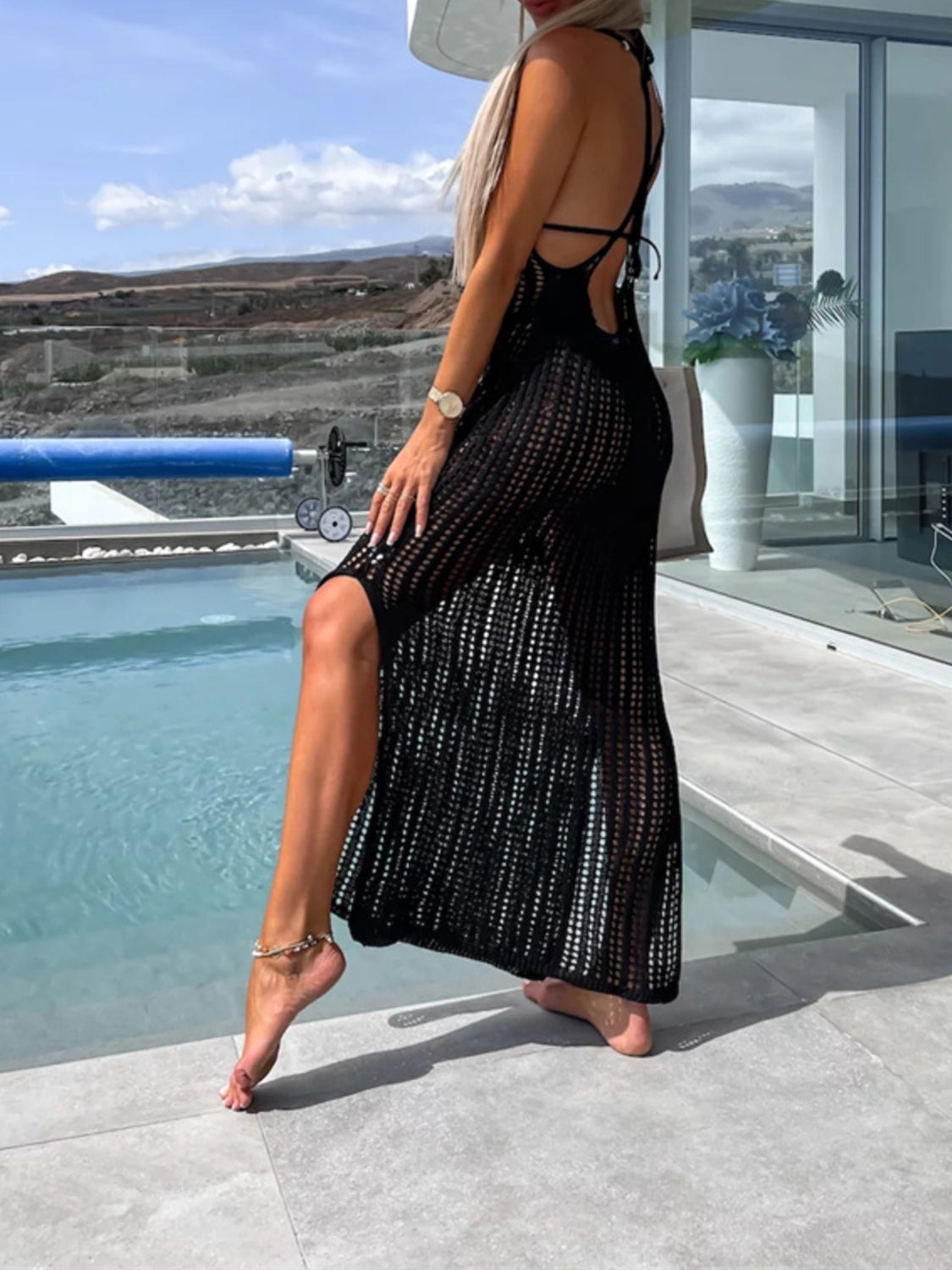 Openwork Slit Cutout Wide Strap Dress - store name